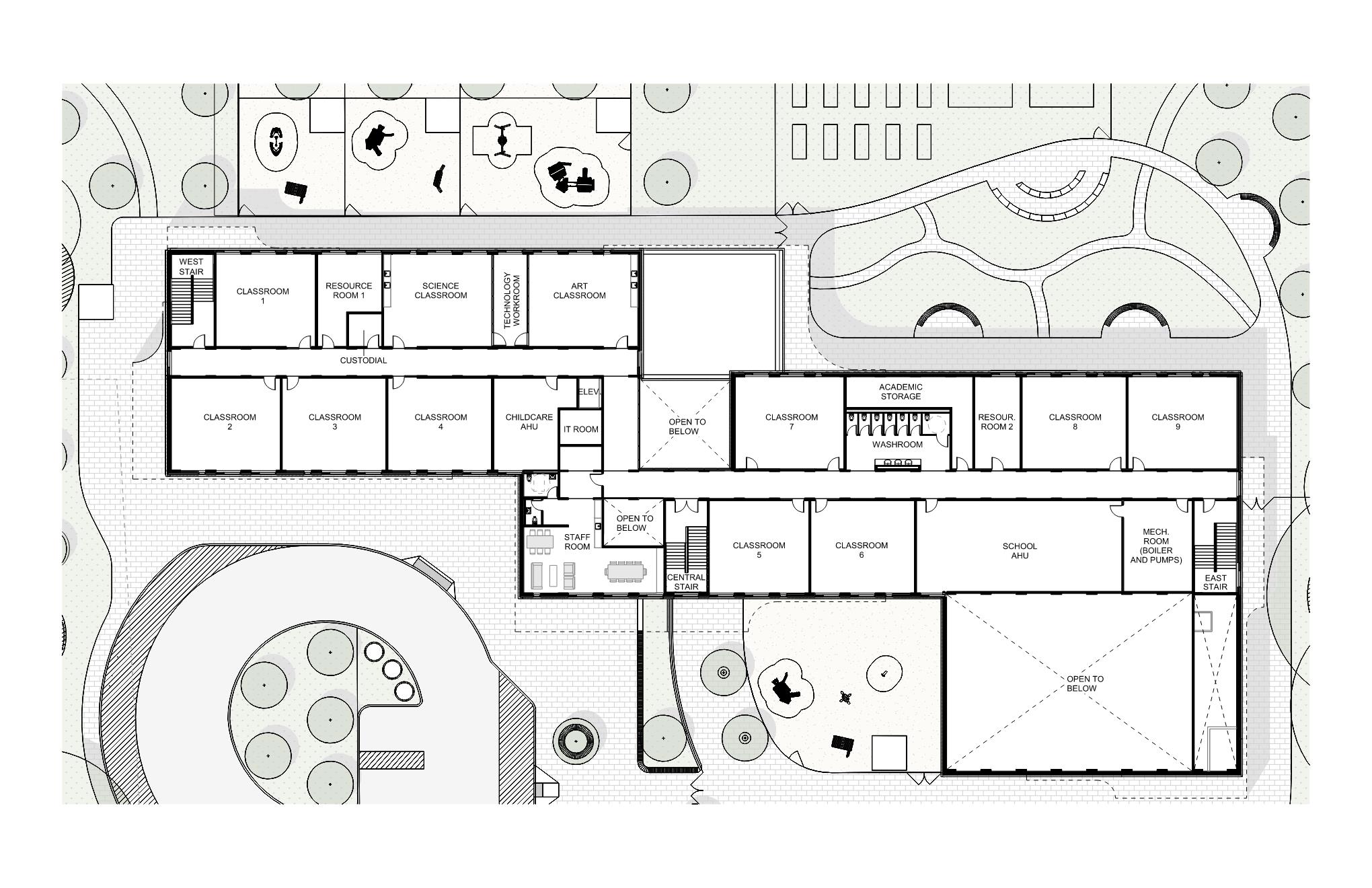 Architectural second floor plan looking down from above depicting school instructional & operations spaces situated on the second floor after the project is completed. Open Gallery